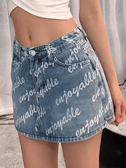 High Waist Letter Print Denim Skirt - HouseofHalley