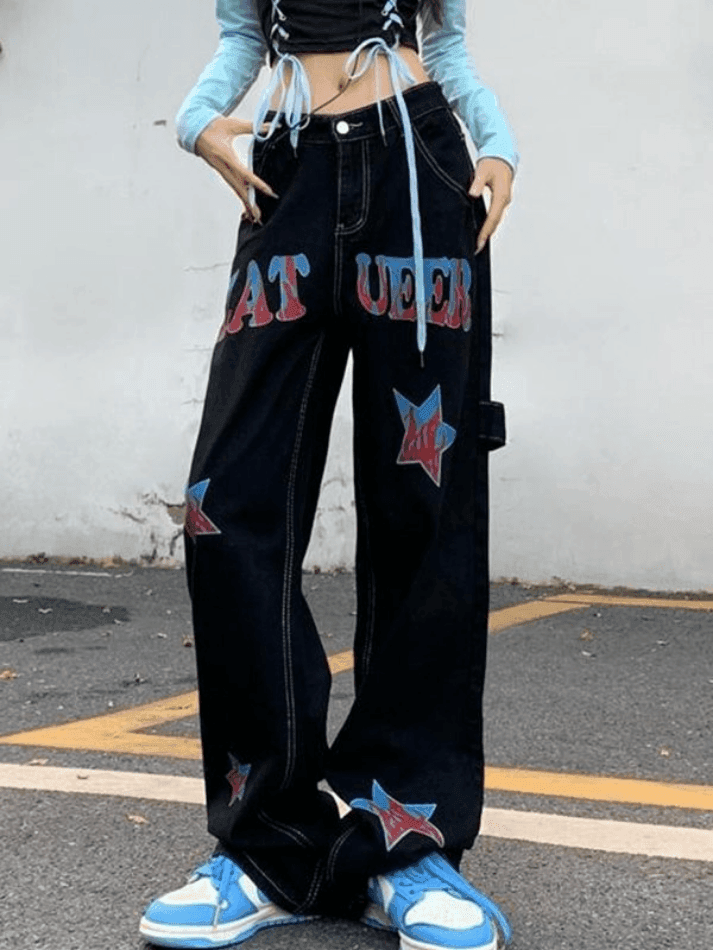 Hip Hop Loose American Star Print Distressed Cargo Jeans - HouseofHalley