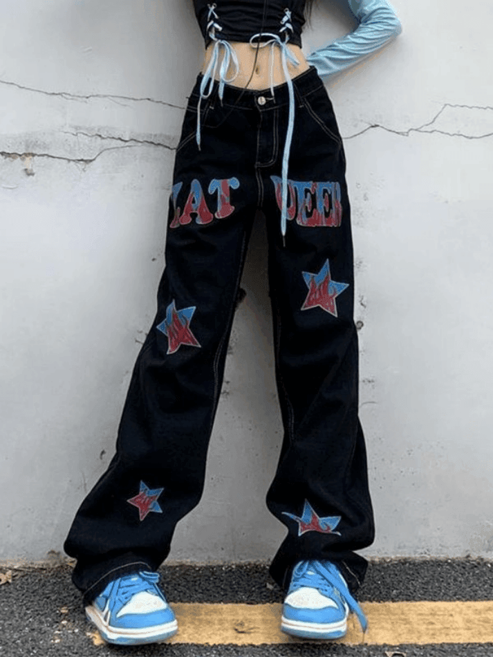 Hip Hop Loose American Star Print Distressed Cargo Jeans - HouseofHalley