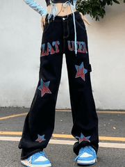 Hip Hop Loose American Star Print Distressed Cargo Jeans - HouseofHalley