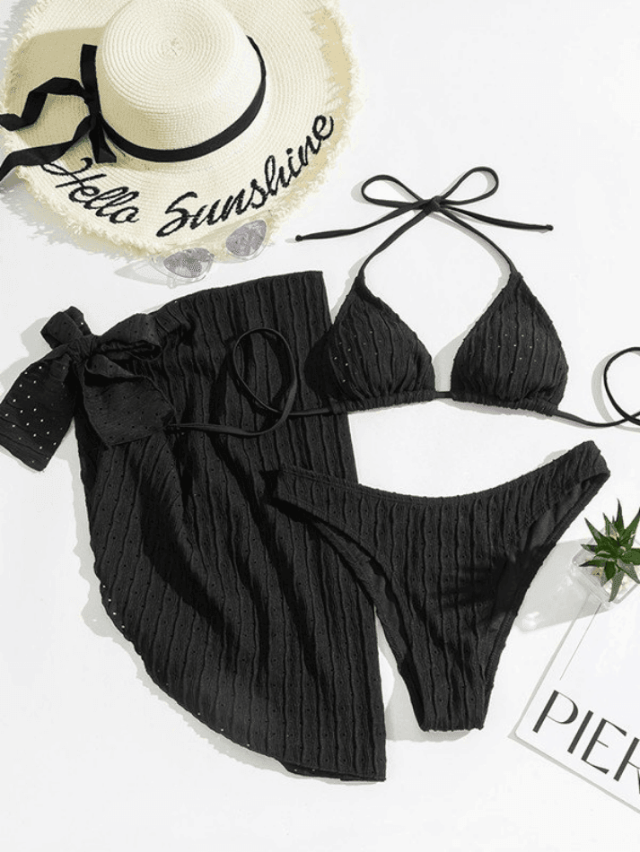 Hollow Out Striped Three Piece Swimsuit - HouseofHalley