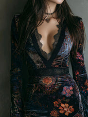 Velvet Printed Cheongsam Dress