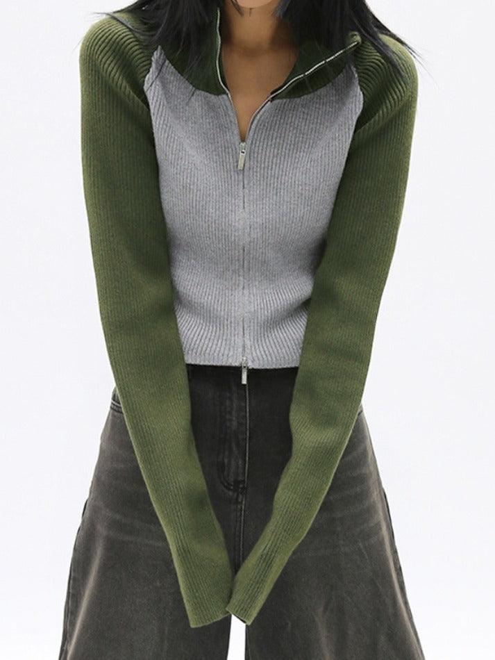 Knit Contrast Color High Neck Cardigan - HouseofHalley