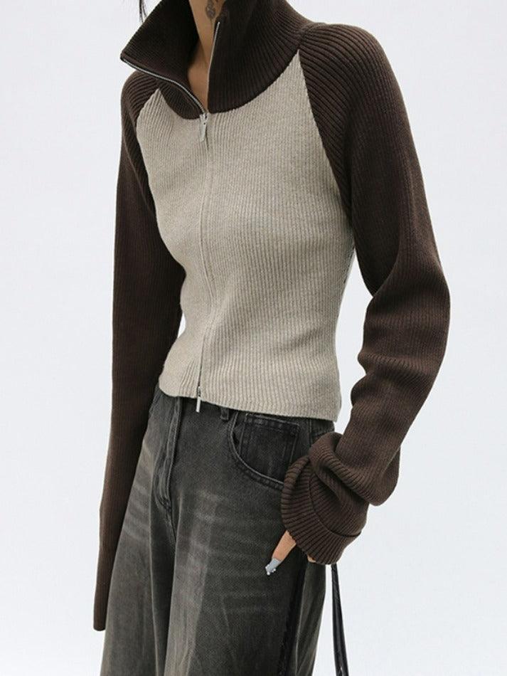 Knit Contrast Color High Neck Cardigan