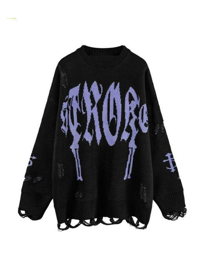 Letter Jacquard Ripped Holes Pullover Sweater - HouseofHalley