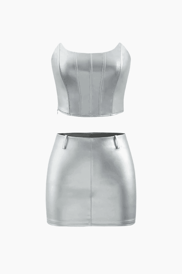 Metallic Strapless Corset Top And A-line Mini Skirt Set - HouseofHalley