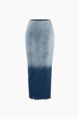 Ombre Frayed Slit Denim Maxi Skirt - HouseofHalley