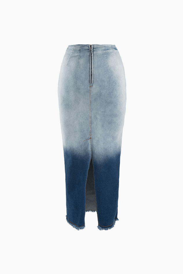 Ombre Frayed Slit Denim Maxi Skirt - HouseofHalley