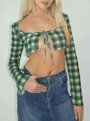 Plaid Lace Up Ultra Short Long Sleeve Tee - HouseofHalley