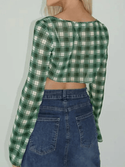 Plaid Lace Up Ultra Short Long Sleeve Tee