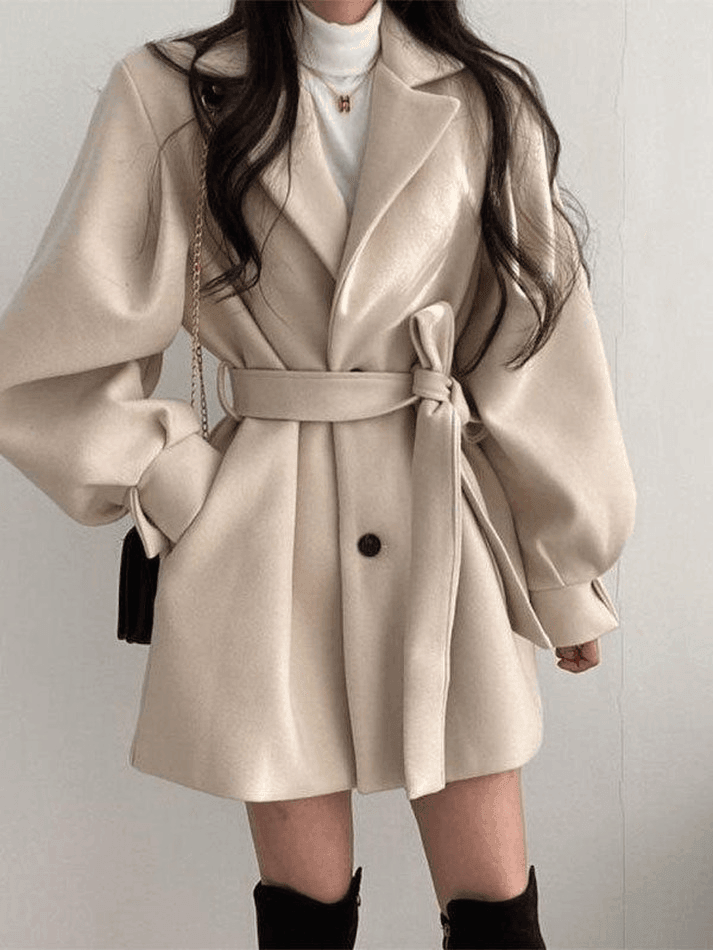 Puff Sleeve Belted Woolen Coat - HouseofHalley