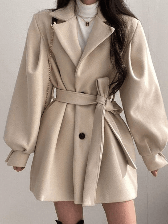 Puff Sleeve Belted Woolen Coat - HouseofHalley