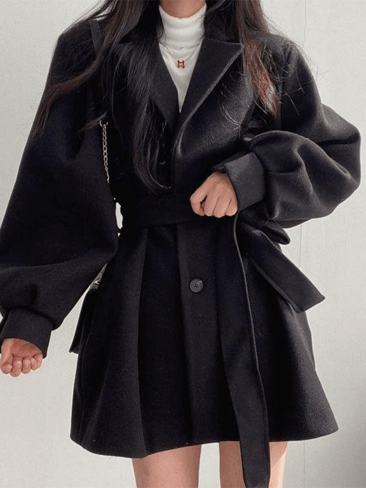 Puff Sleeve Belted Woolen Coat - HouseofHalley