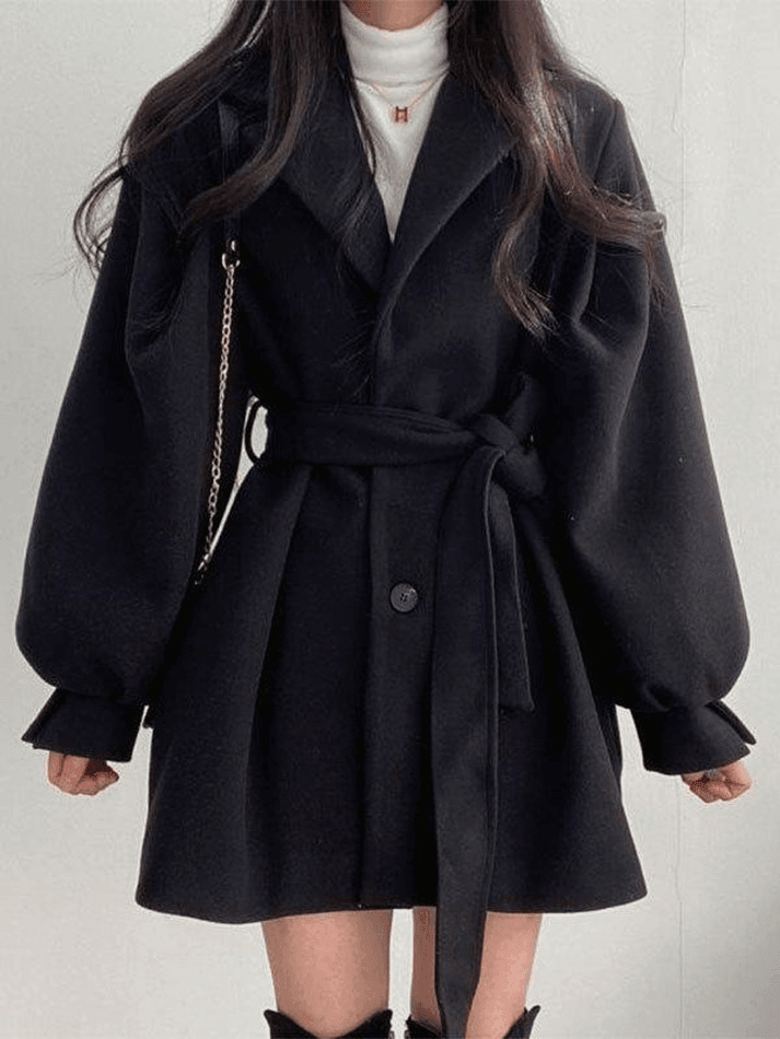 Puff Sleeve Belted Woolen Coat - HouseofHalley