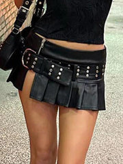 Punk Rivet Belted Pleated Slit Leather Mini Skirt - HouseofHalley