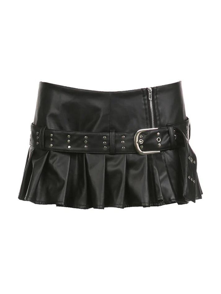 Punk Rivet Belted Pleated Slit Leather Mini Skirt