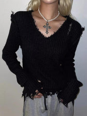 Ribbed Tattered V Neck Sweater - HouseofHalley