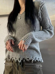 Ribbed Tattered V Neck Sweater - HouseofHalley