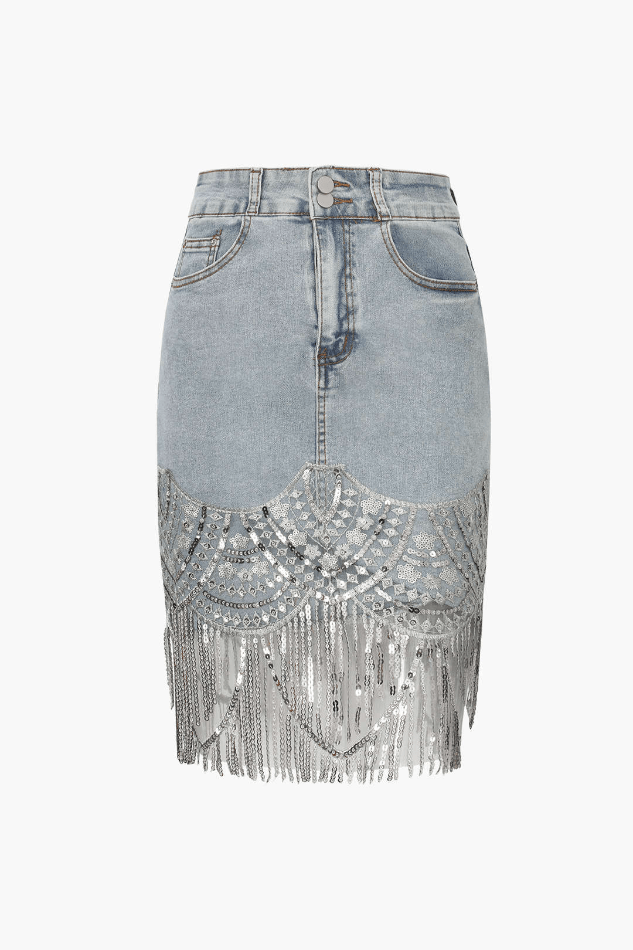 Sequin Fringe Hem Denim Skirt - HouseofHalley