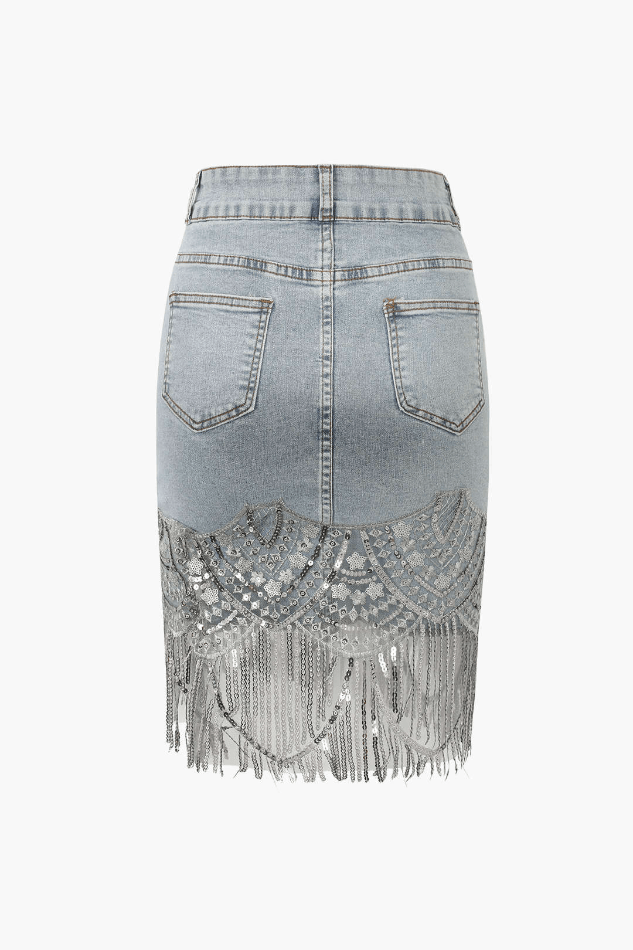 Sequin Fringe Hem Denim Skirt - HouseofHalley