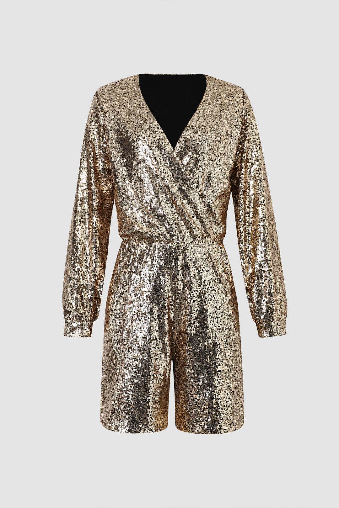 Sequin V-neck Long Sleeve Romper - HouseofHalley