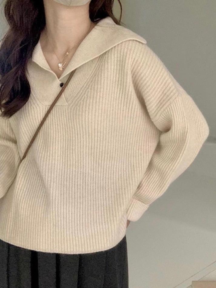 Solid Color Lapel Neck Baggy Sweater - HouseofHalley