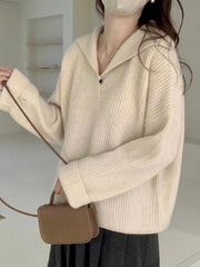 Solid Color Lapel Neck Baggy Sweater - HouseofHalley