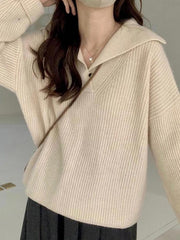 Solid Color Lapel Neck Baggy Sweater - HouseofHalley