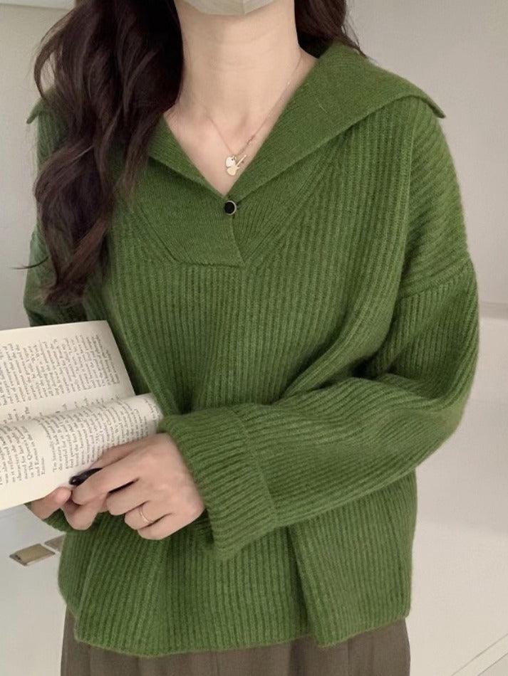 Solid Color Lapel Neck Baggy Sweater - HouseofHalley