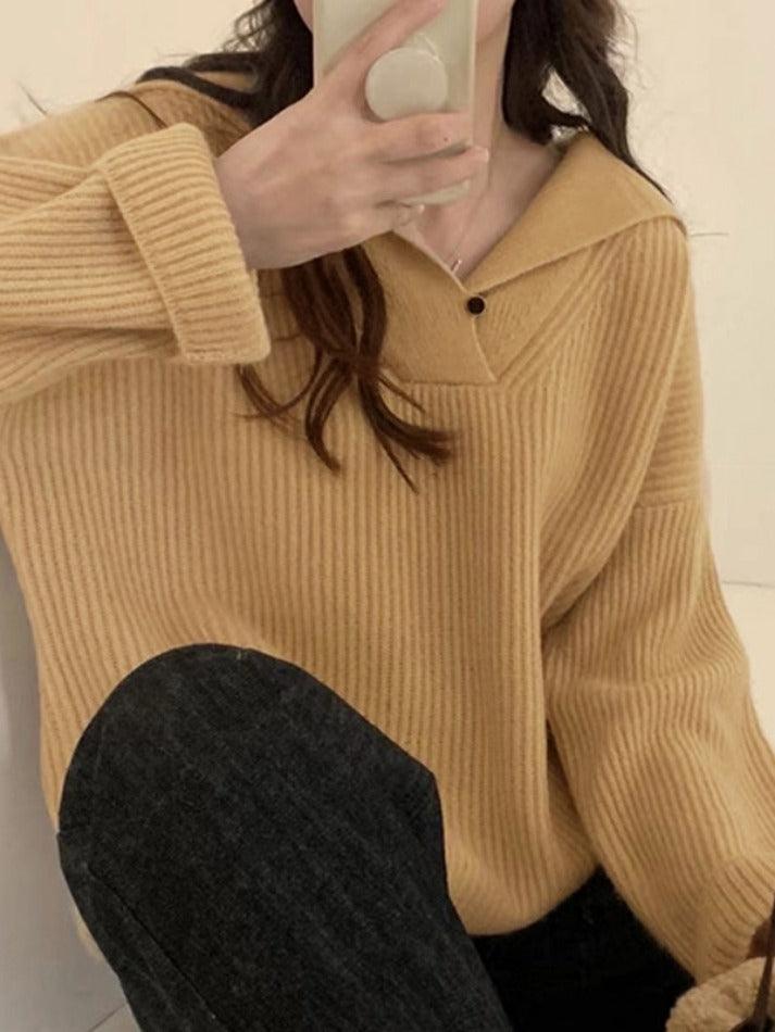 Solid Color Lapel Neck Baggy Sweater