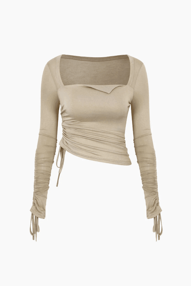 Square Neck Drawstring Ruched Long Sleeve Top - HouseofHalley