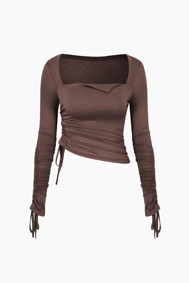 Square Neck Drawstring Ruched Long Sleeve Top - HouseofHalley