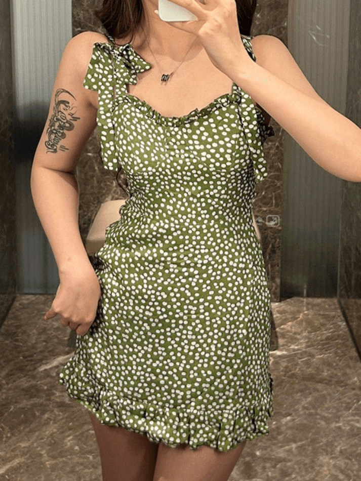 Tie Strap Polka Dot Green Mini Dress - HouseofHalley