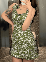 Tie Strap Polka Dot Green Mini Dress - HouseofHalley