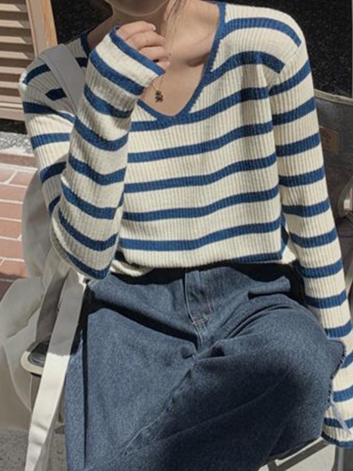 V Neck Stripe Long Sleeve Knit