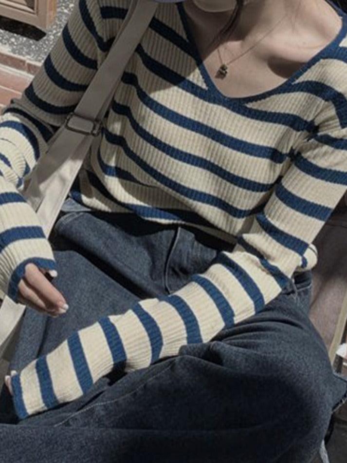 V Neck Stripe Long Sleeve Knit