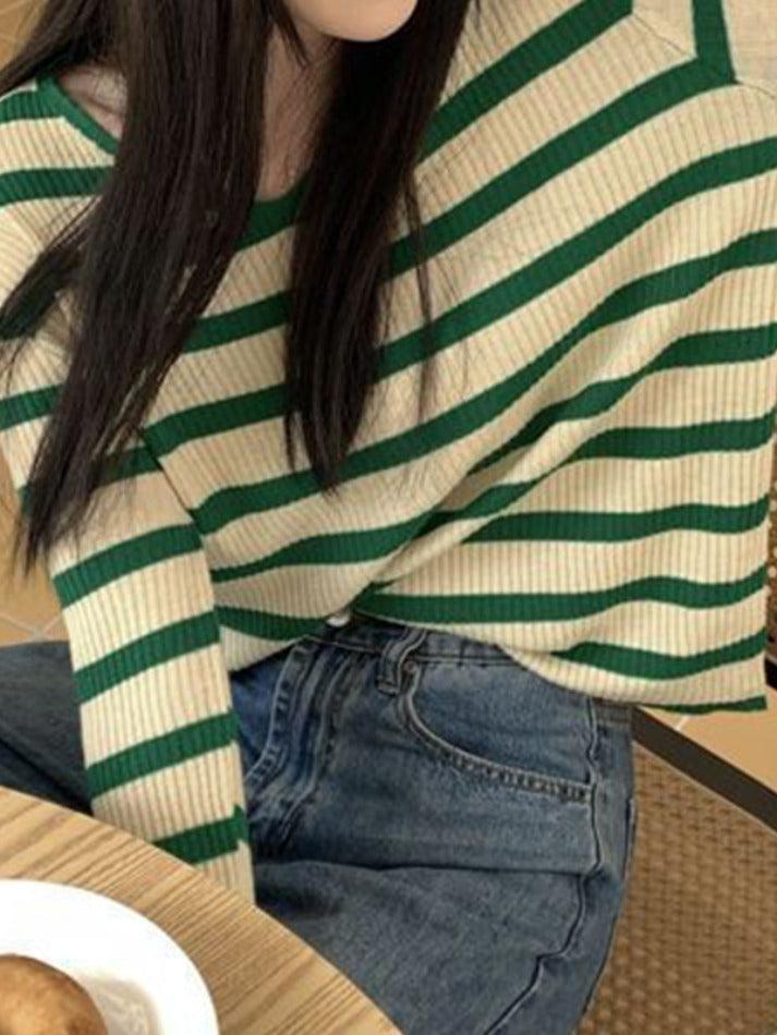 V Neck Stripe Long Sleeve Knit