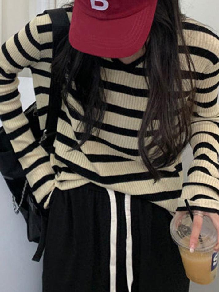 V Neck Stripe Long Sleeve Knit