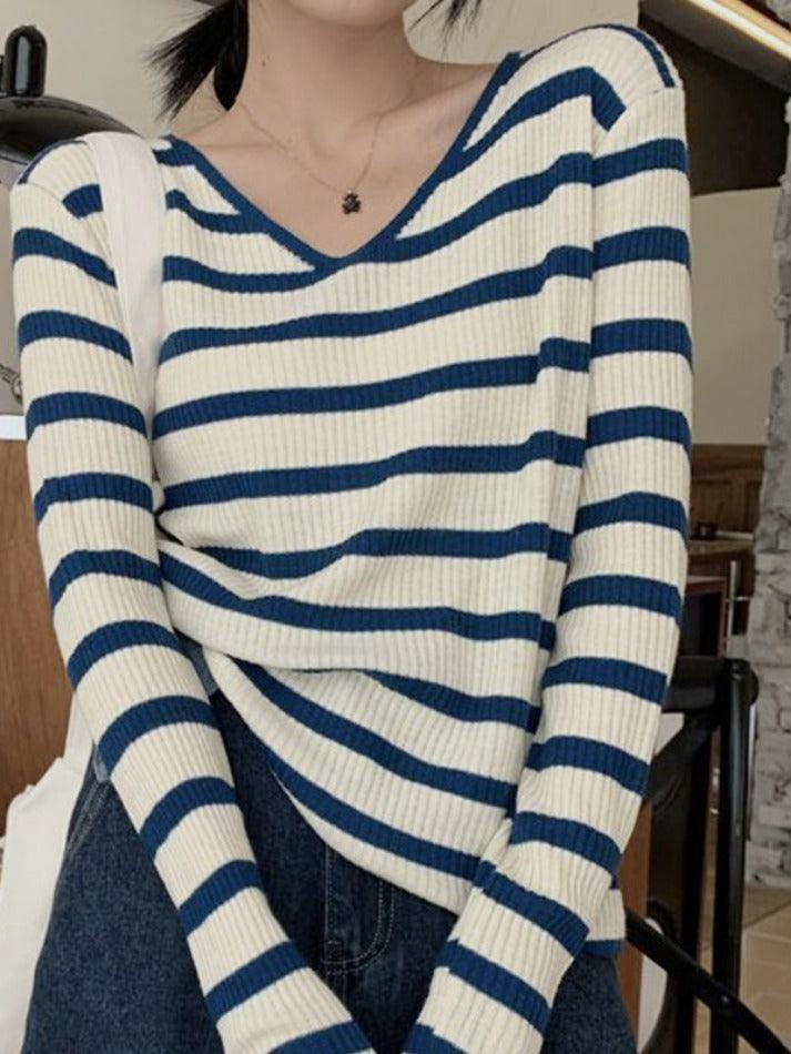 V Neck Stripe Long Sleeve Knit