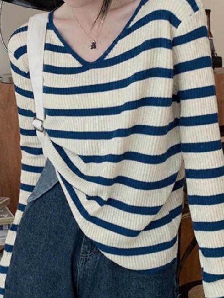 V Neck Stripe Long Sleeve Knit