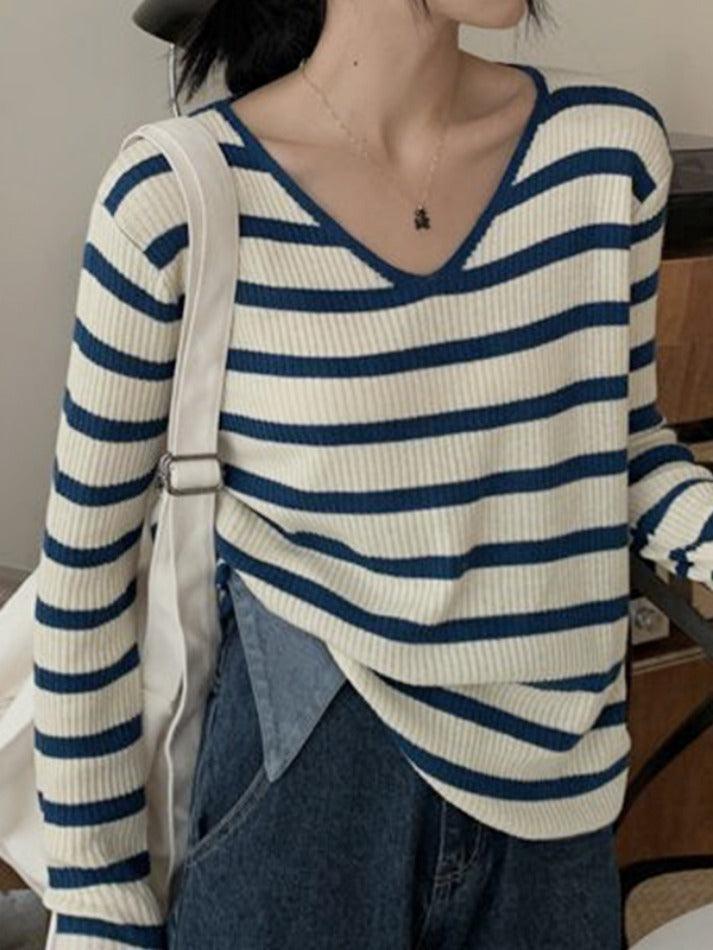 V Neck Stripe Long Sleeve Knit