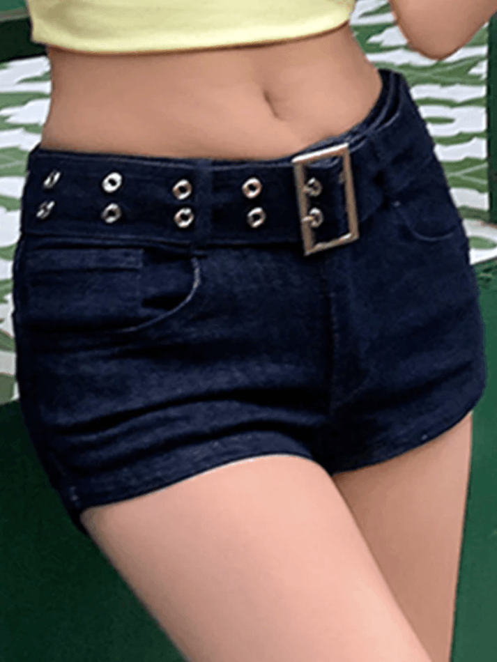 With Metal Hole Belt Slim Fit Denim Shorts - HouseofHalley