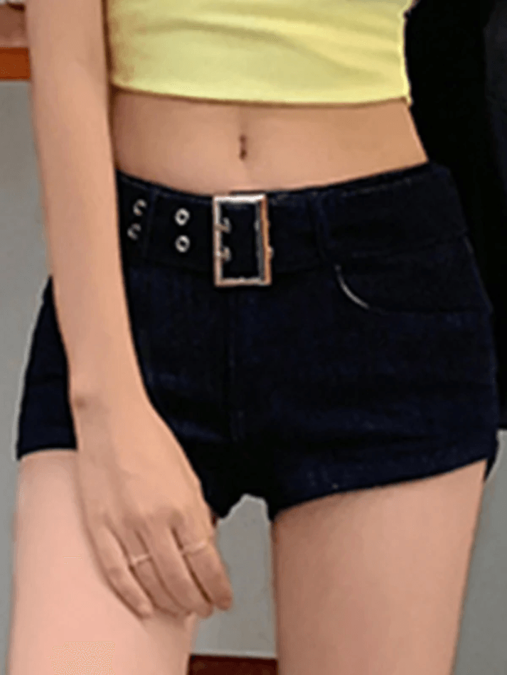 With Metal Hole Belt Slim Fit Denim Shorts - HouseofHalley