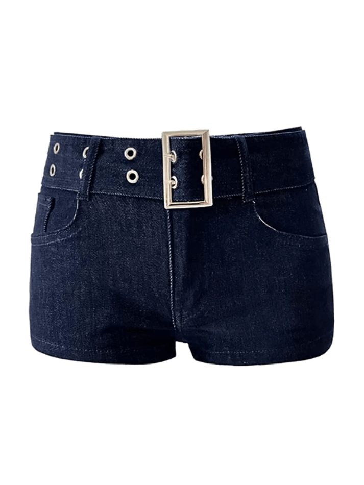 With Metal Hole Belt Slim Fit Denim Shorts