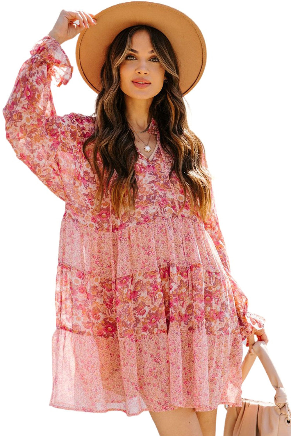 Pink Bubble Sleeve Floral Print Dress