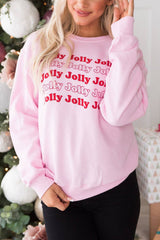 Pink Christmas Jolly Letter Print Pullover Sweatshirt