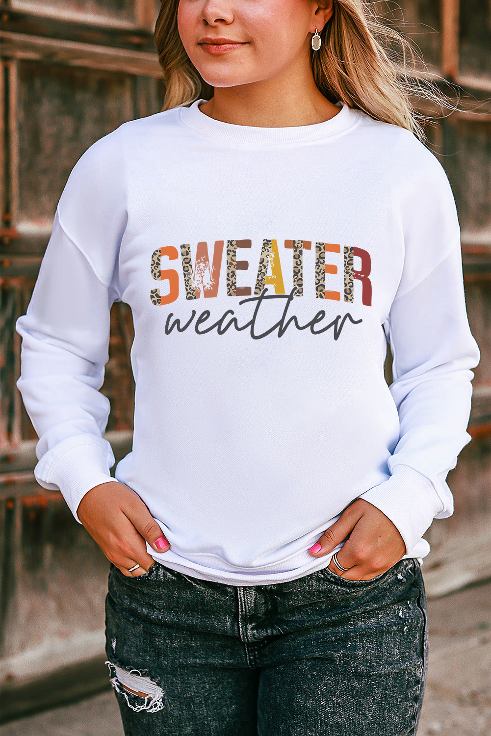 Orange Plain Crew Neck Pullover Sweatshirt