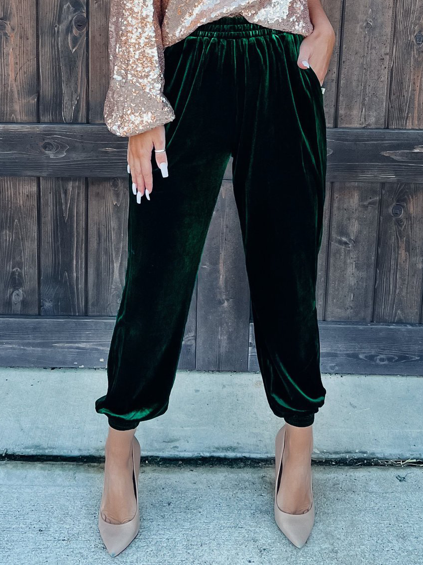 Solid Velvet Straight-leg Pants