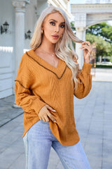 Orange Textured V Neck Long Sleeve Knit Top