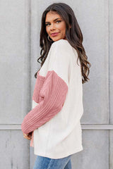 Moeak Blossom Long Sleeve Colorblock Chest Pocket Textured Knit Top